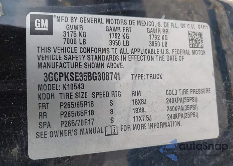 2011 Chevrolet Silverado 1500 Lt z USA, uszkodzony, nr VIN 3GCPKSE35BG308741